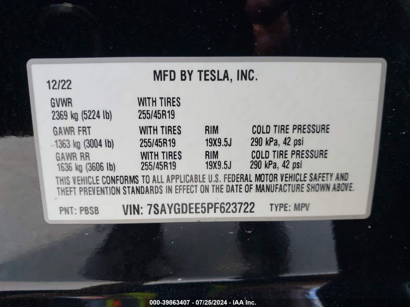 2023 Tesla Model Y Awd/Long Range Dual Motor All-Wheel Drive VIN: 7SAYGDEE5PF623722 Lot: 39863407