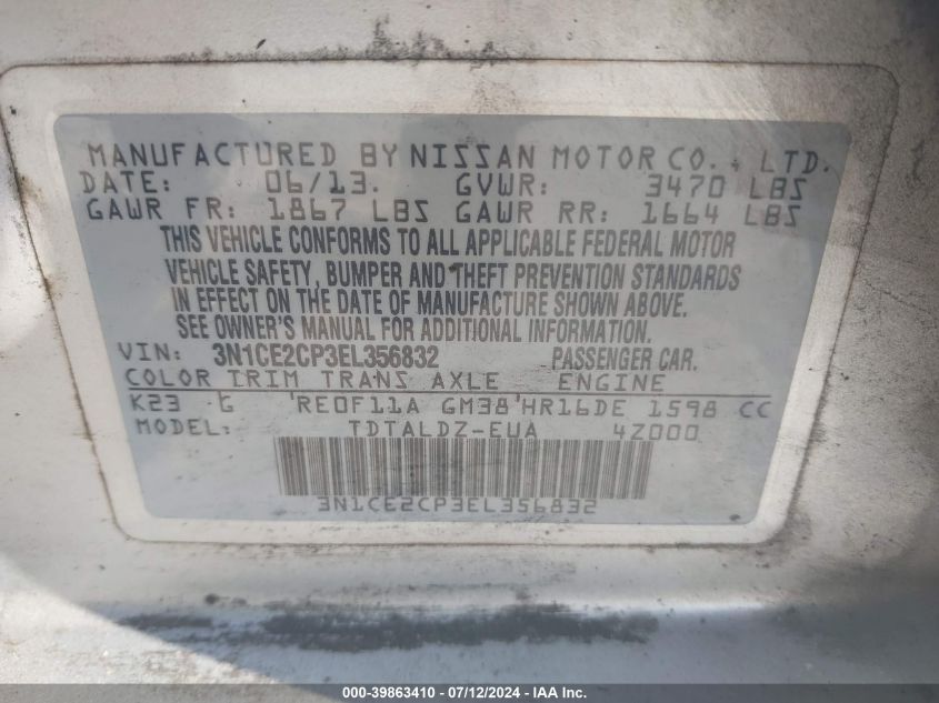 2014 Nissan Versa Note Sv VIN: 3N1CE2CP3EL356832 Lot: 39863410