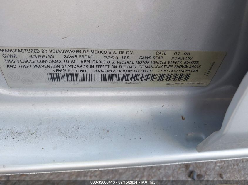 2008 Volkswagen Jetta S VIN: 3VWJM71KX8M107810 Lot: 39863413