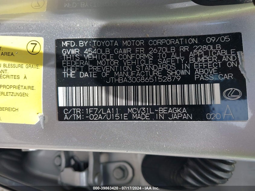 2006 Lexus Es 330 VIN: JTHBA30G865152879 Lot: 39863420