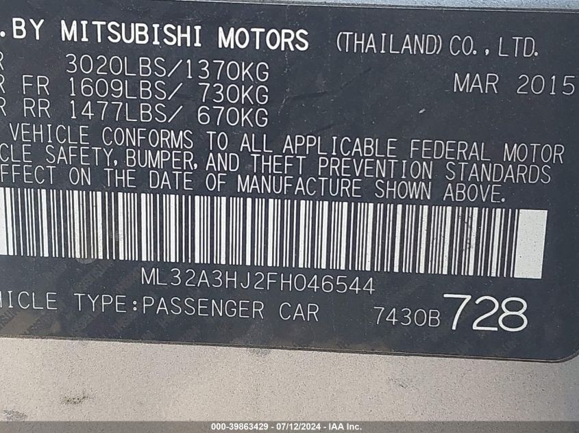 ML32A3HJ2FH046544 2015 Mitsubishi Mirage De