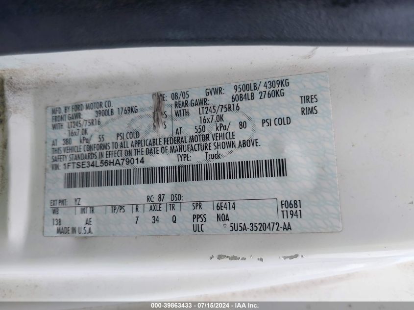 2006 Ford E-350 Super Duty Commercial/Recreational VIN: 1FTSE34L56HA79014 Lot: 39863433