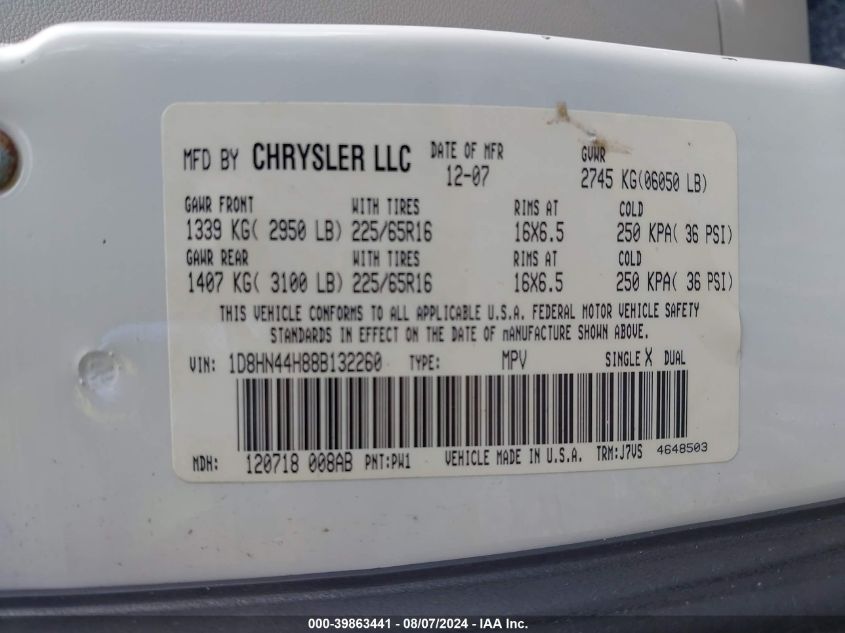 2008 Dodge Grand Caravan Se VIN: 1D8HN44H88B132260 Lot: 39863441