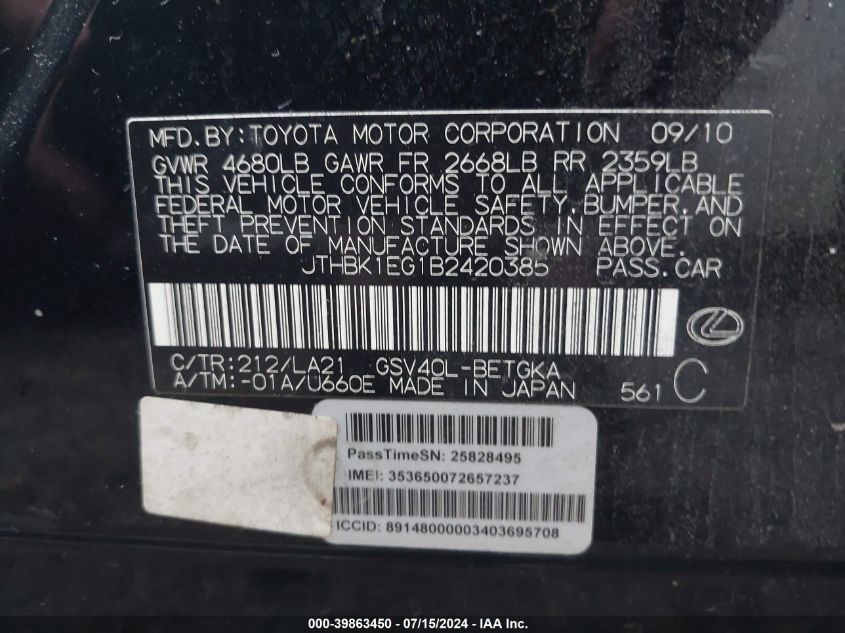 2011 Lexus Es 350 VIN: JTHBK1EG1B2420385 Lot: 39863450