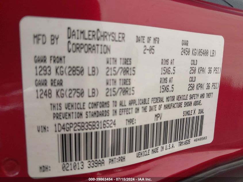 2005 Dodge Caravan Se VIN: 1D4GP25B35B316524 Lot: 39863454