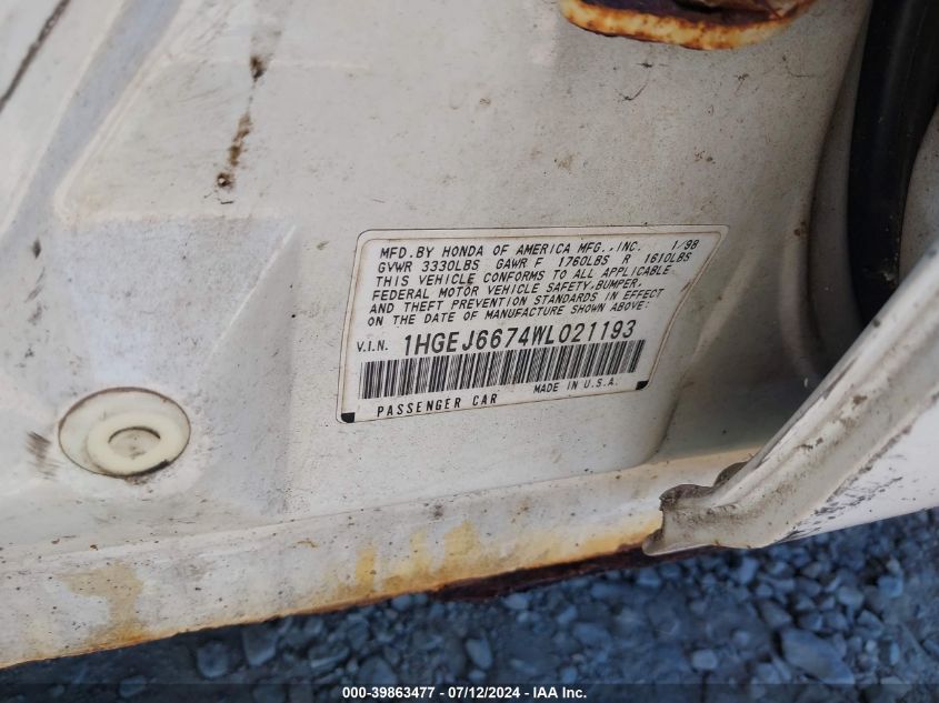 1998 Honda Civic Lx VIN: 1HGEJ6674WL021193 Lot: 39863477