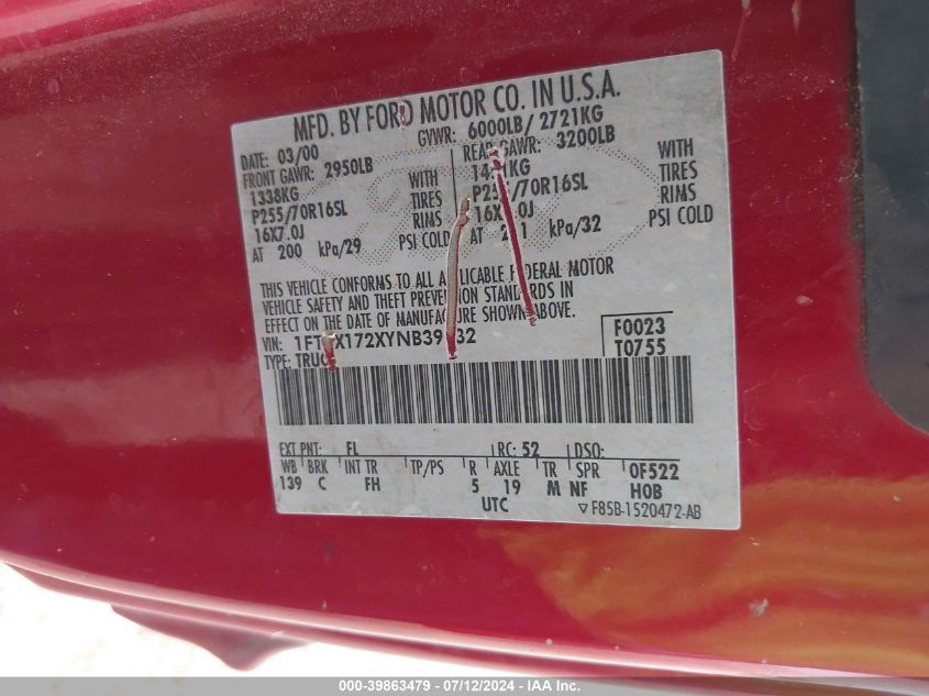 2000 Ford F-150 Work Series/Xl/Xlt VIN: 1FTZX172XYNB39132 Lot: 39863479