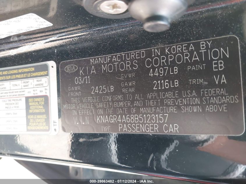 2011 Kia Optima Sx VIN: KNAGR4A68B5123157 Lot: 39863482