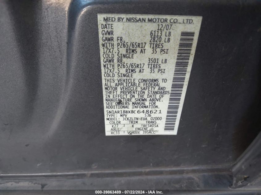 2008 Nissan Pathfinder Se VIN: 5N1AR18BX8C648621 Lot: 39863489