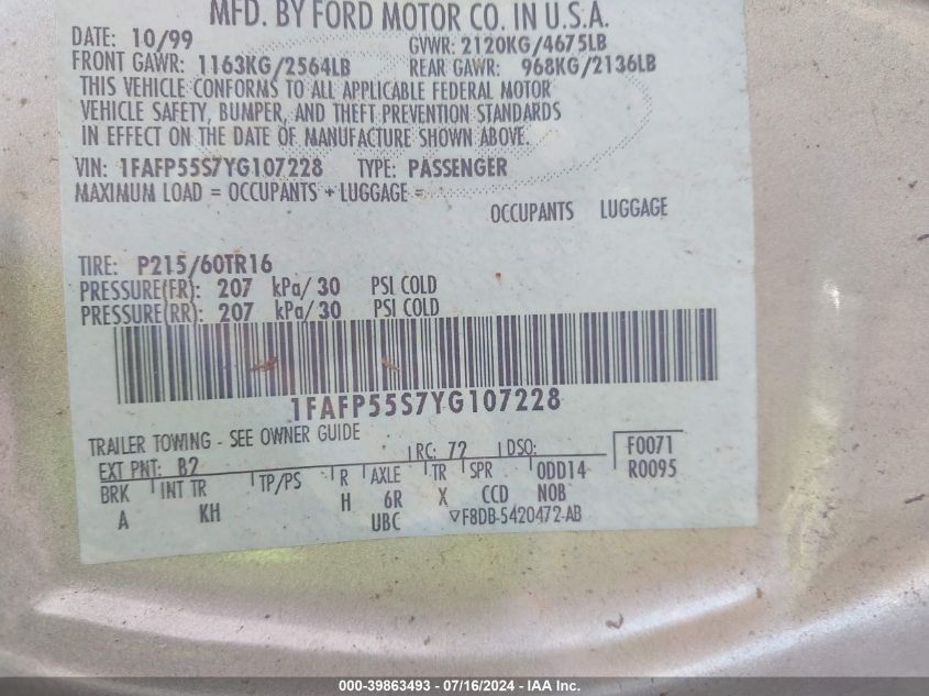 2000 Ford Taurus Ses VIN: 1FAFP55S7YG107228 Lot: 39863493