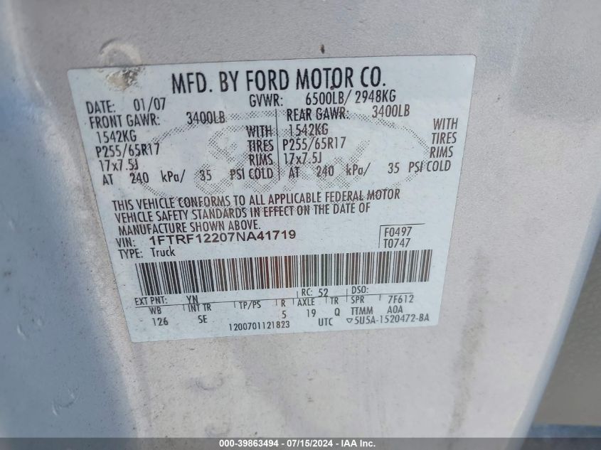 2007 Ford F-150 Stx/Xl/Xlt VIN: 1FTRF12207NA41719 Lot: 39863494