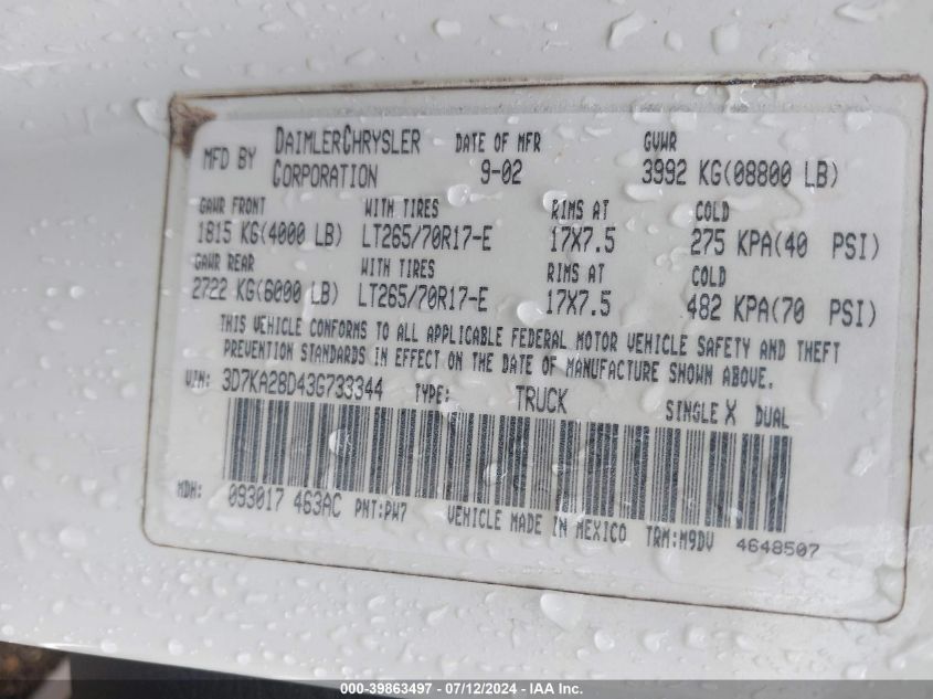 2003 Dodge Ram 2500 Slt/Laramie/St VIN: 3D7KA28D43G733344 Lot: 39863497