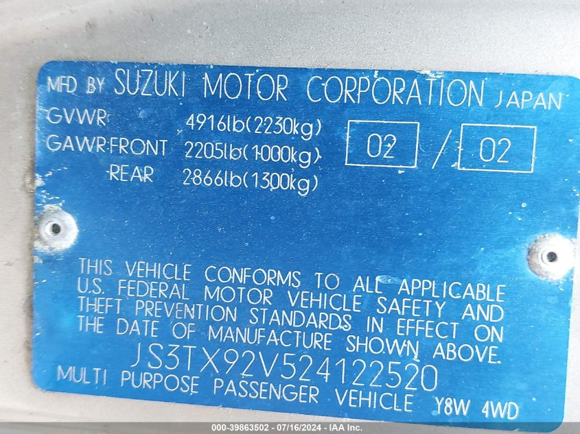 2002 Suzuki Xl-7 Limited/Plus/Standard/Touring VIN: JS3TX92V524122520 Lot: 39863502