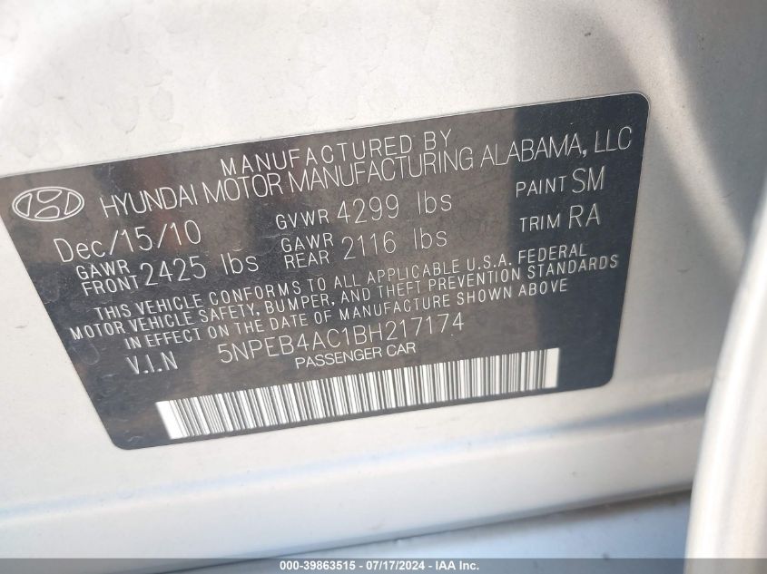 2011 Hyundai Sonata Gls VIN: 5NPEB4AC1BH217174 Lot: 39863515