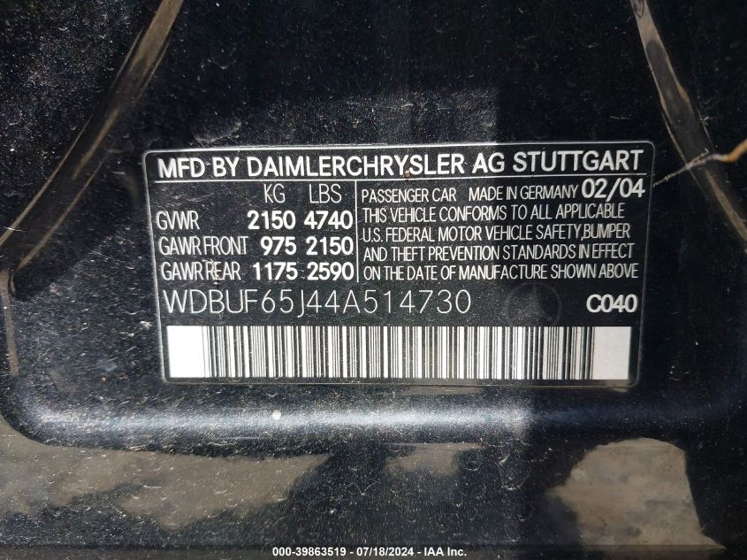 2004 Mercedes-Benz E 320 VIN: WDBUF65J44A514730 Lot: 39863519