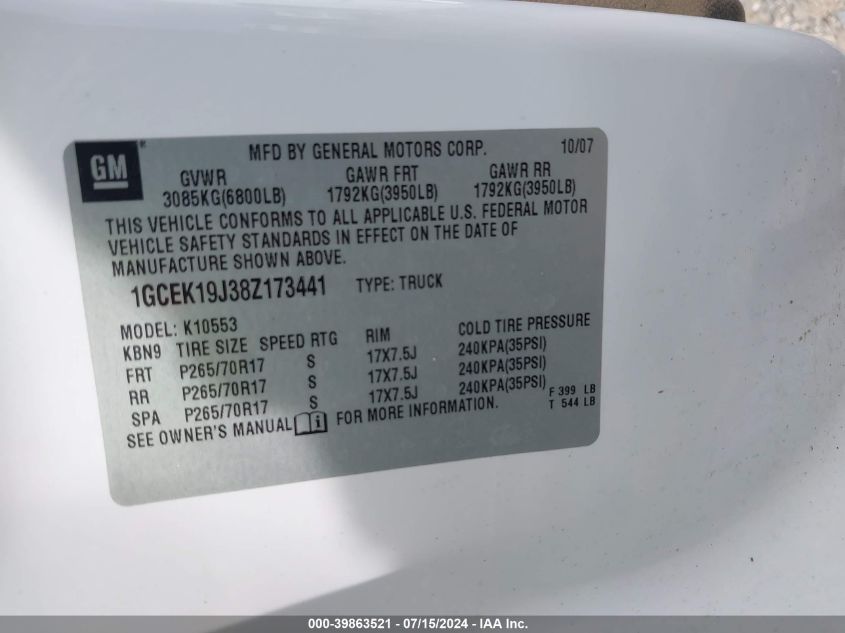 2008 Chevrolet Silverado 1500 Ltz VIN: 1GCEK19J38Z173441 Lot: 39863521