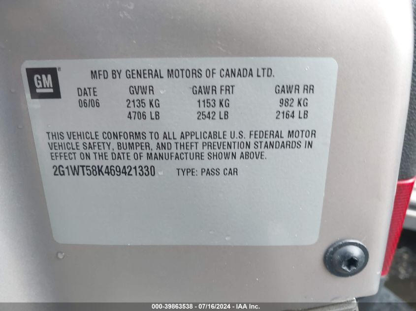 2006 Chevrolet Impala Lt VIN: 2G1WT58K469421330 Lot: 39863538