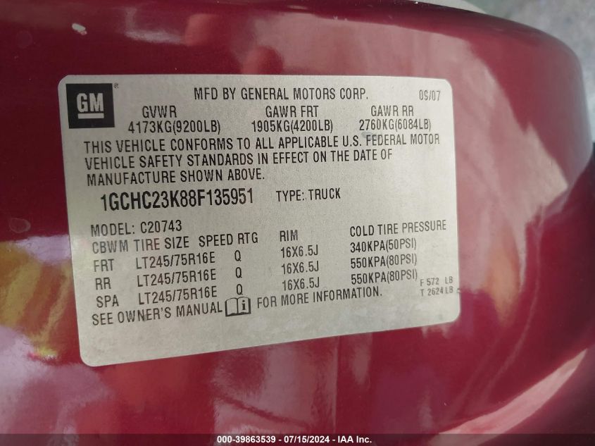 2008 Chevrolet Silverado 2500Hd Lt2 VIN: 1GCHC23K88F135951 Lot: 39863539