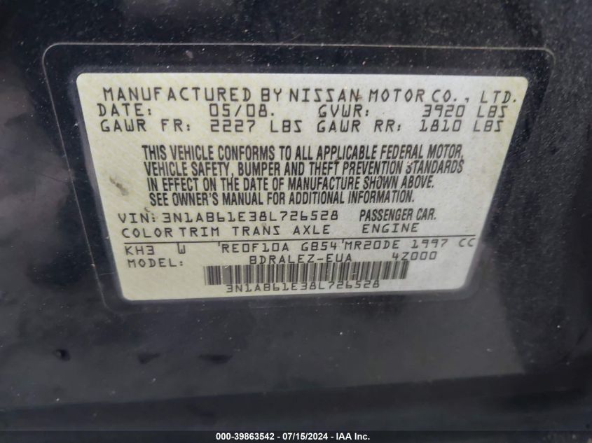 2008 Nissan Sentra 2.0S VIN: 3N1AB61E38L726528 Lot: 39863542