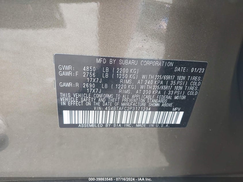VIN 4S4BTAFC2P3171294 2023 SUBARU OUTBACK PREMIUM