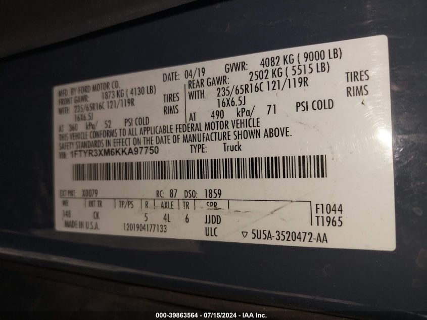 2019 Ford Transit-250 VIN: 1FTYR3XM6KKA97750 Lot: 39863564