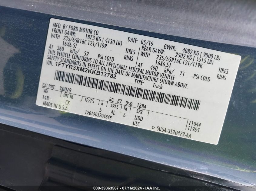 2019 Ford Transit-250 VIN: 1FTYR3XM2KKB13782 Lot: 39863567