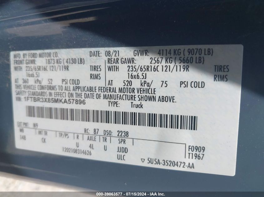 2021 Ford Transit-250 Cargo Van VIN: 1FTBR3X85MKA57896 Lot: 39863577