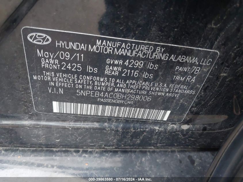 2011 Hyundai Sonata Gls VIN: 5NPEB4AC0BH298006 Lot: 39863580