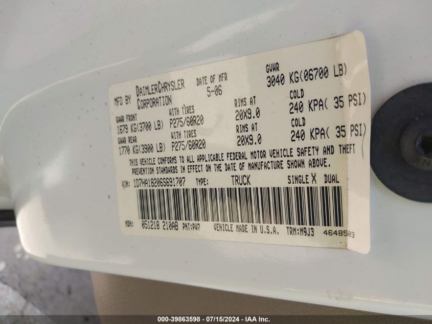 2006 Dodge Ram 1500 Slt VIN: 1D7HA18206S691707 Lot: 39863598