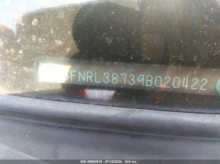 2009 Honda Odyssey Ex-L VIN: 5FNRL38739B020422 Lot: 39863616