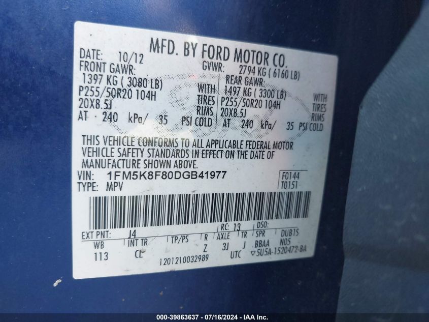 2013 Ford Explorer Limited VIN: 1FM5K8F80DGB41977 Lot: 39863637