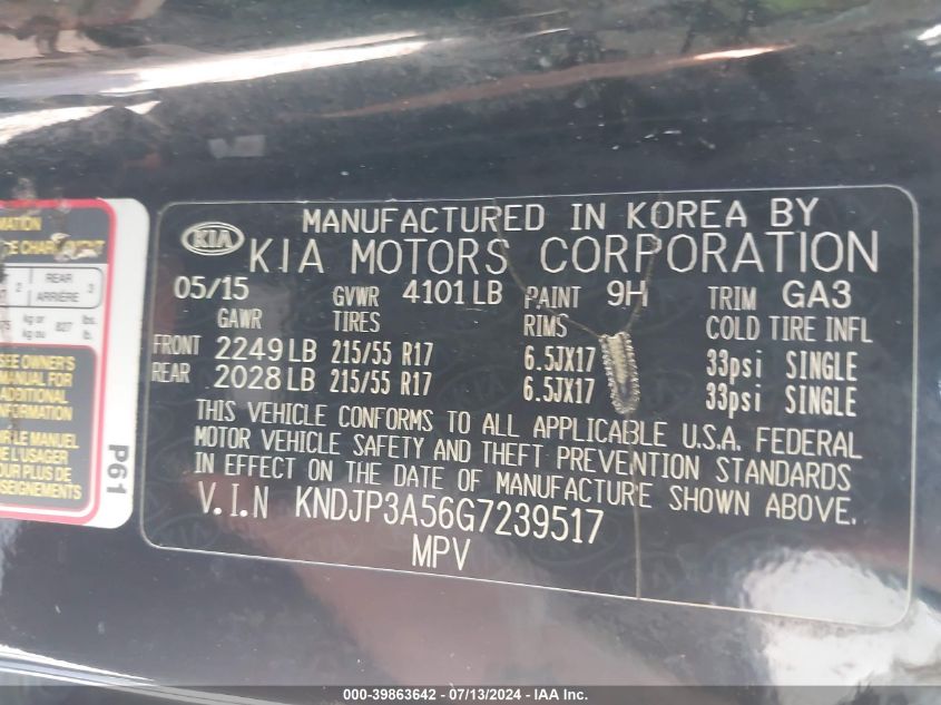 2016 Kia Soul + VIN: KNDJP3A56G7239517 Lot: 39863642