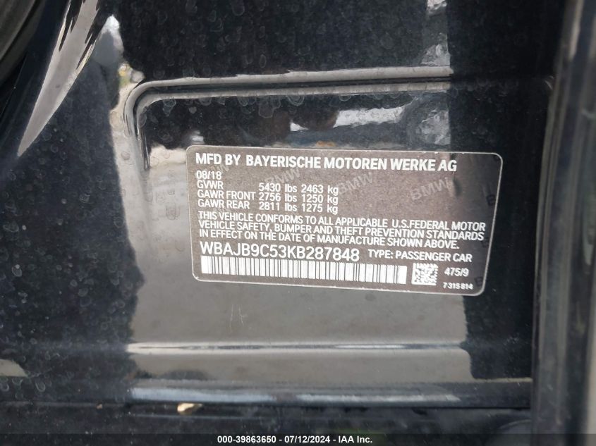 2019 BMW M550I xDrive VIN: WBAJB9C53KB287848 Lot: 39863650