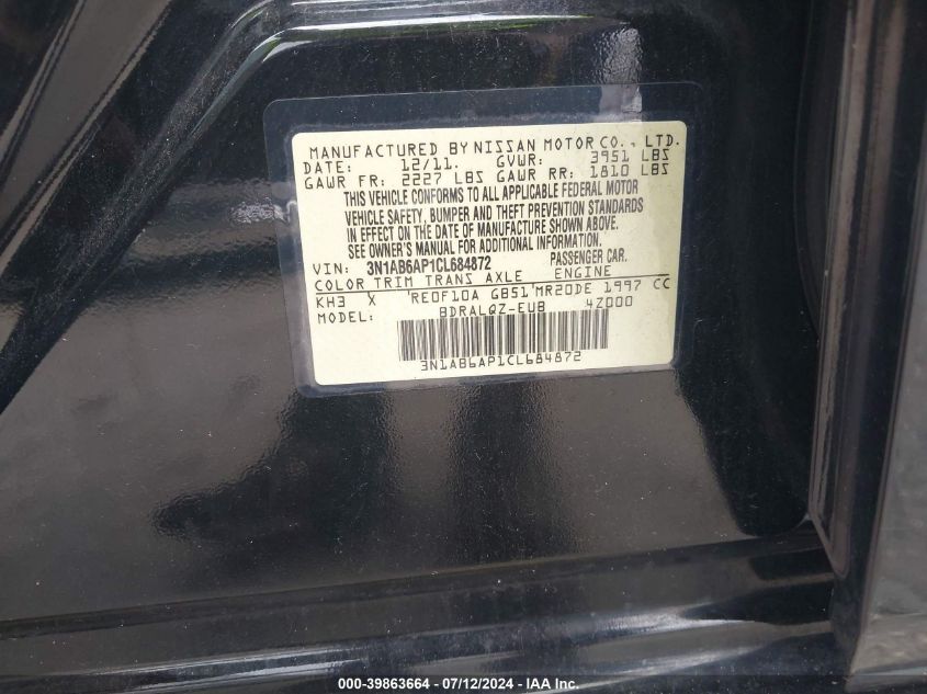 2012 Nissan Sentra 2.0 VIN: 3N1AB6AP1CL684872 Lot: 39863664