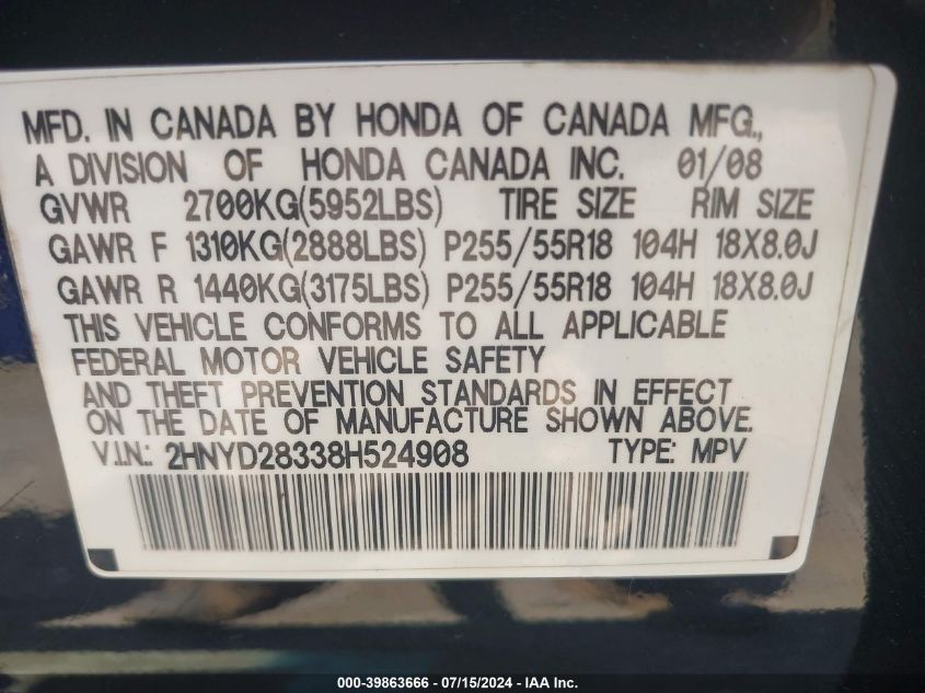 2008 Acura Mdx Technology Package VIN: 2HNYD28338H524908 Lot: 39863666