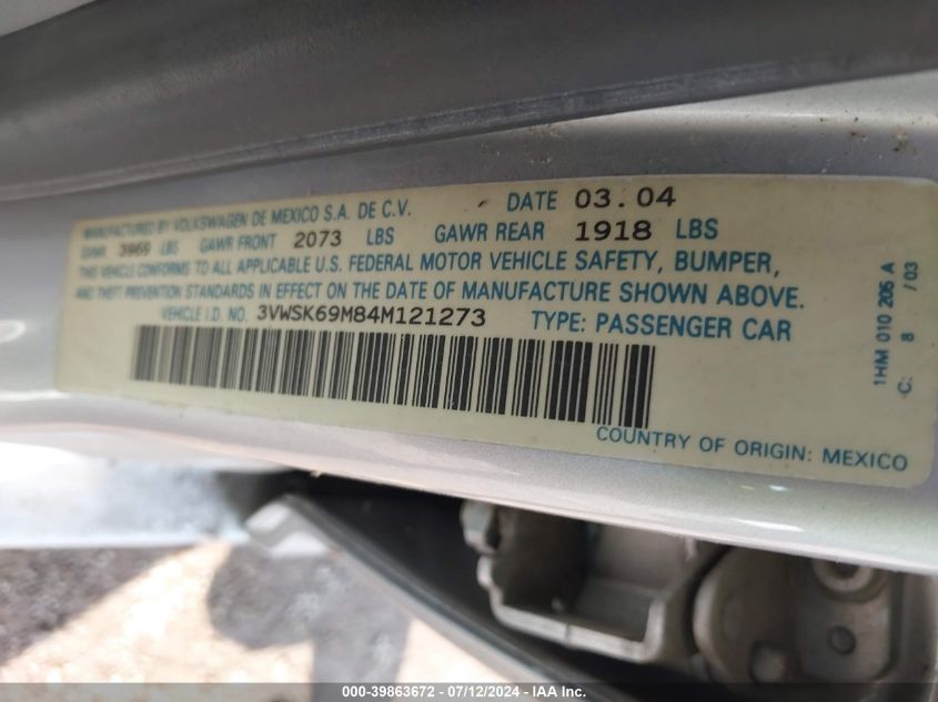 2004 Volkswagen Jetta Gls 2.0L VIN: 3VWSK69M84M121273 Lot: 39863672