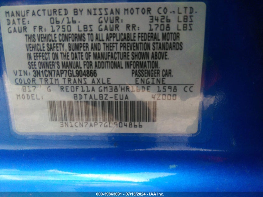 2016 NISSAN VERSA 1.6 SV - 3N1CN7AP7GL904866