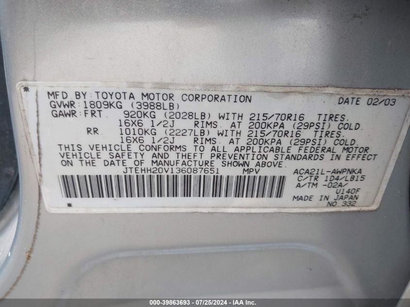 2003 Toyota Rav4 VIN: JTEHH20V136087651 Lot: 39863693