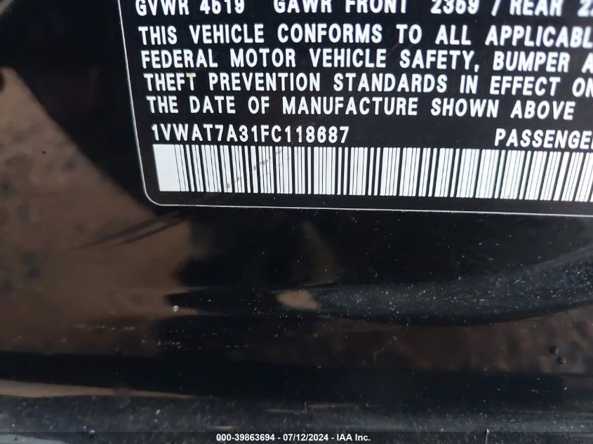 2015 Volkswagen Passat 1.8T Limited Edition VIN: 1VWAT7A31FC118687 Lot: 39863694