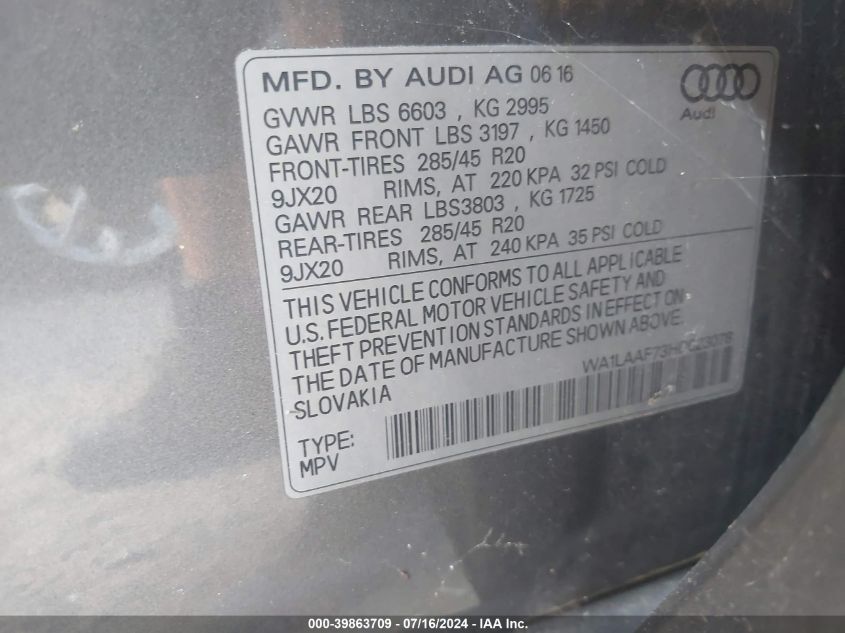 2017 Audi Q7 Premium Plus VIN: WA1LAAF73HD023078 Lot: 39863709
