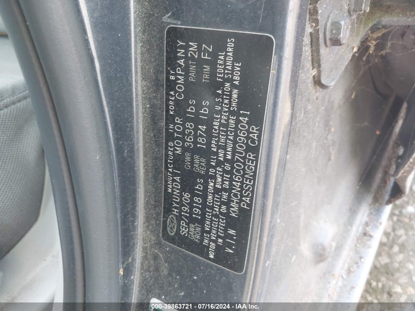 2007 Hyundai Accent Gls VIN: KMHCN46C27U096042 Lot: 39863721