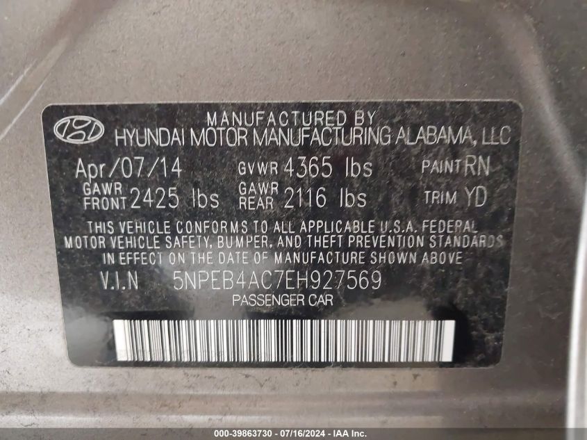 5NPEB4AC7EH927569 2014 Hyundai Sonata Gls