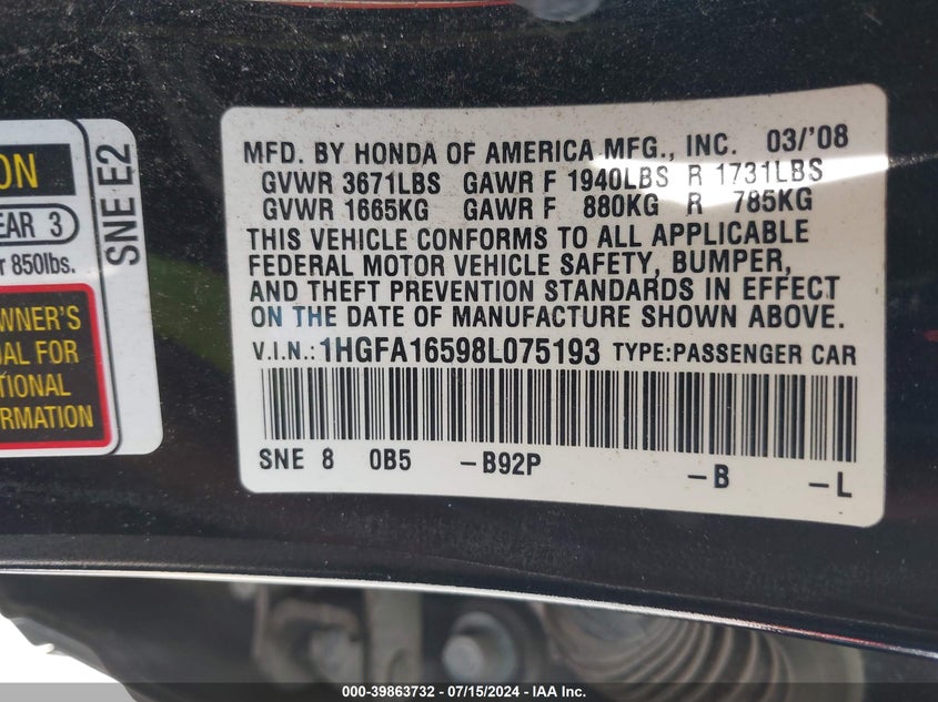 2008 Honda Civic Lx VIN: 1HGFA16598L075193 Lot: 39863732