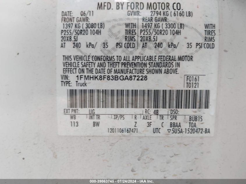 2011 Ford Explorer Limited VIN: 1FMHK8F83BGA87228 Lot: 39863745