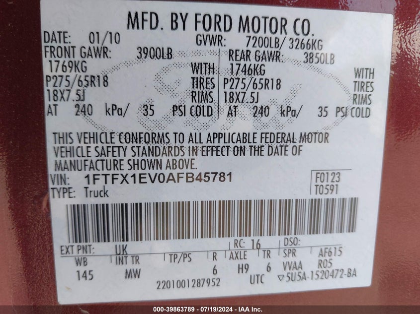 2010 Ford F-150 Fx4/Lariat/Xl/Xlt VIN: 1FTFX1EV0AFB45781 Lot: 39863789