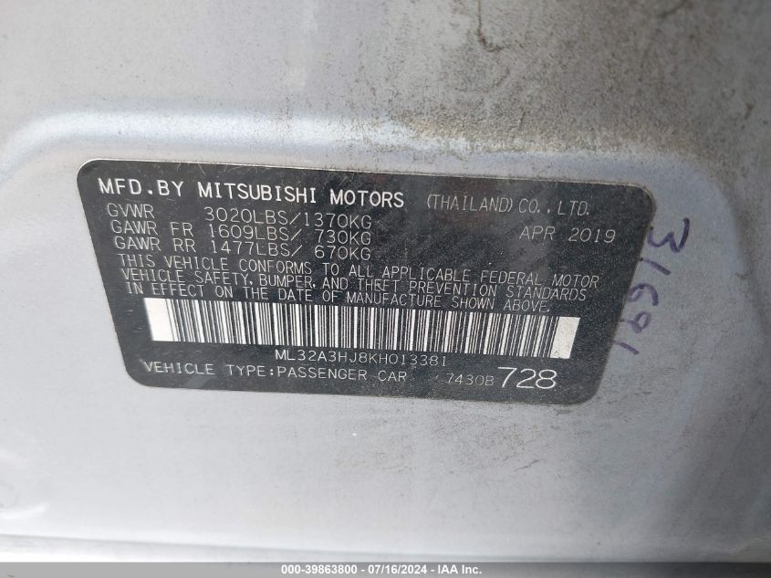 2019 Mitsubishi Mirage Rf VIN: ML32A3HJ8KH013381 Lot: 39863800