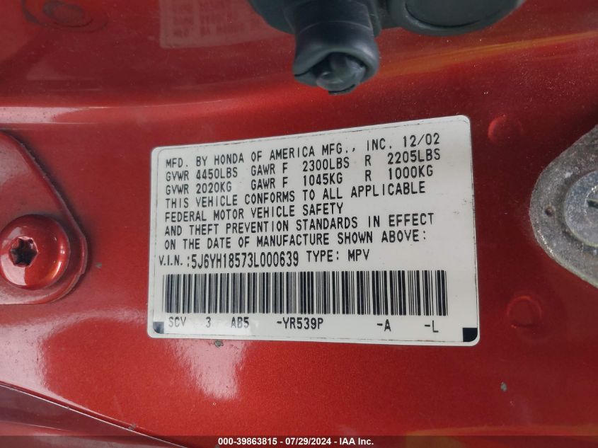 2003 Honda Element Ex VIN: 5J6YH18573L000639 Lot: 39863815