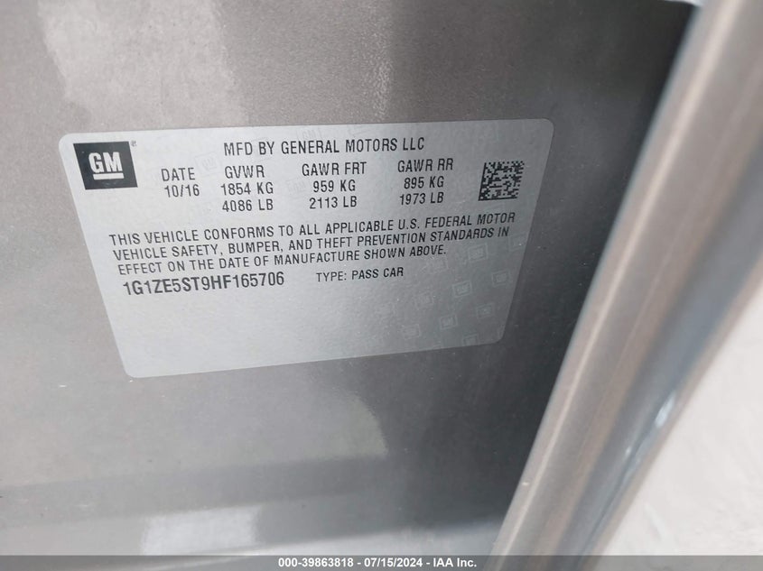 2017 Chevrolet Malibu 1Lt VIN: 1G1ZE5ST9HF165706 Lot: 39863818
