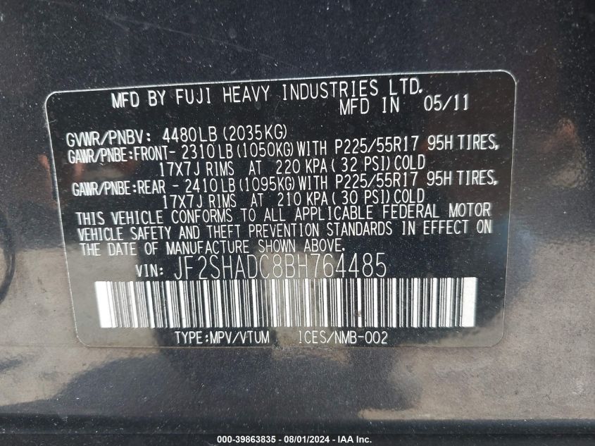 2011 Subaru Forester 2.5X Premium VIN: JF2SHADC8BH764485 Lot: 39863835