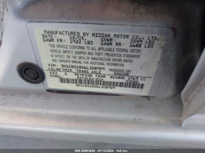 2006 Nissan Sentra 1.8S VIN: 3N1CB51D06L508909 Lot: 39863849